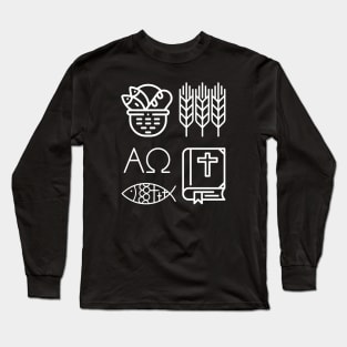 Black and White Christian Symbols Alpha, Omega, Wheat, Harvest, Bible, Fish, Bread Long Sleeve T-Shirt